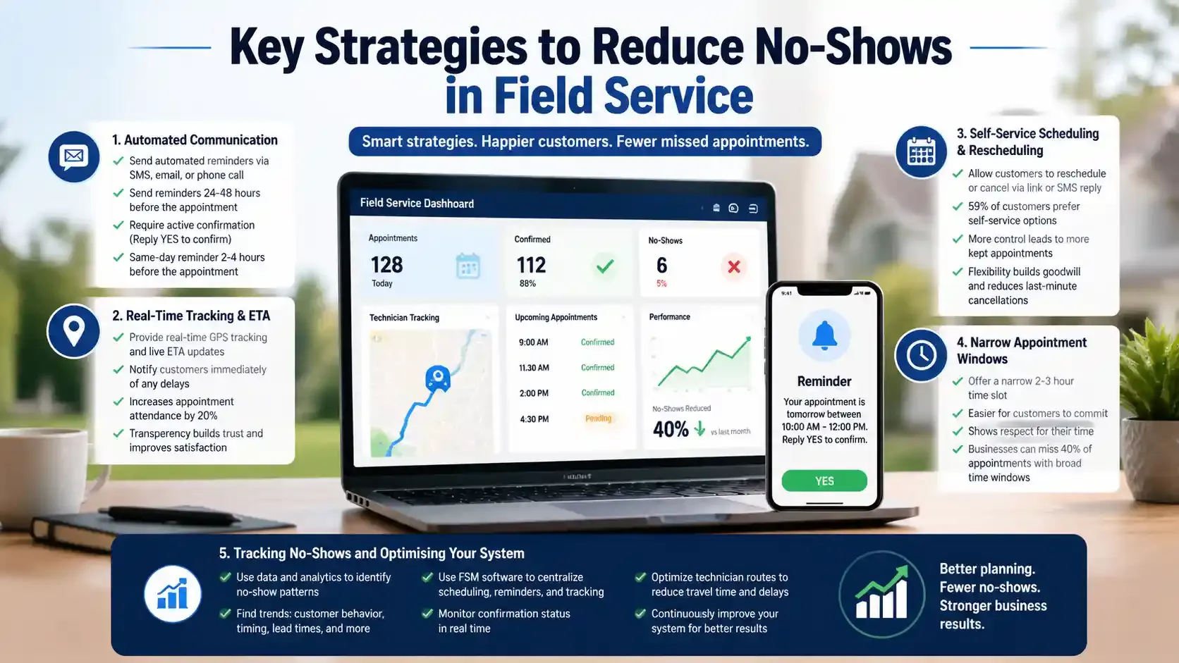 Infographic showcasing strategies to reduce no-shows in field service appointments
